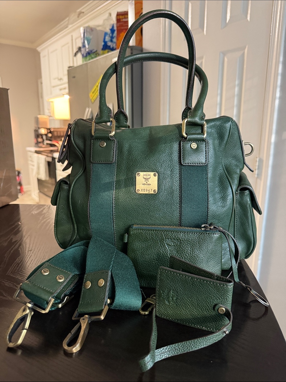MCM Dark Green Leather Satchel with Removable Canvas Strap - Picture 5 of 16